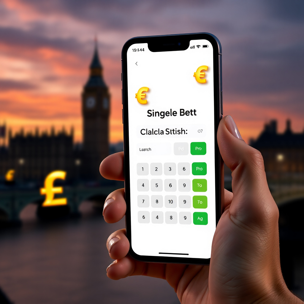 A hand holding a high-end smartphone displaying a professional Single Bet Calculator app with a clean white and green interface, background is the London skyline with the Big Ben and Westminster at sunset, 3D golden British Pound symbols (£) and green pro